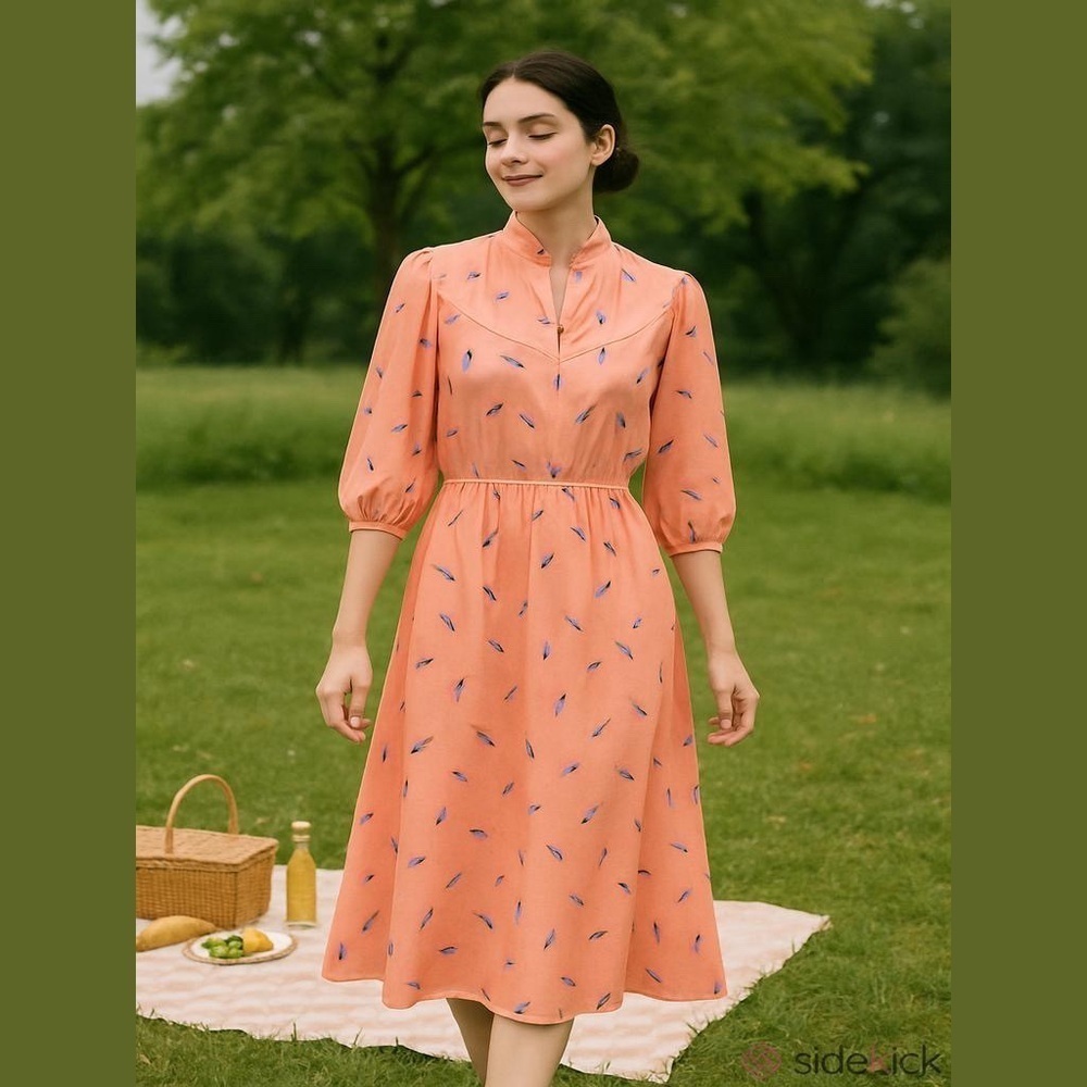 Vintage Abstract Midi Dress Long Sleeve Pink Small